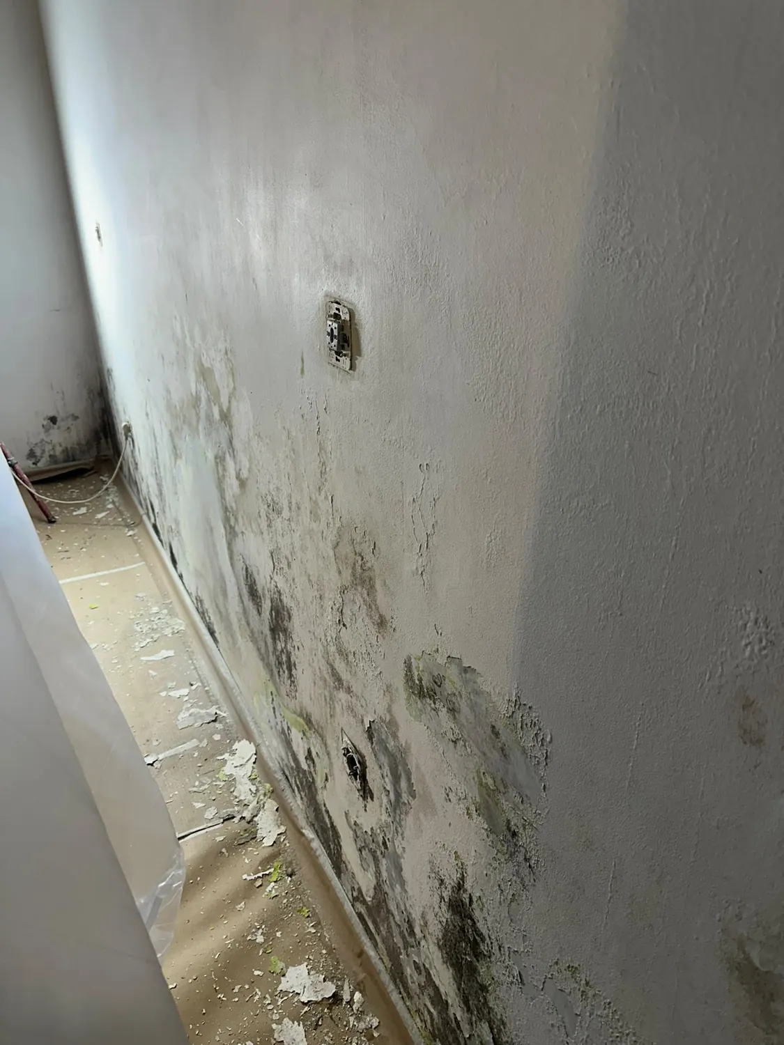 Parede de um quarto com tinta degradada antes da intervenção